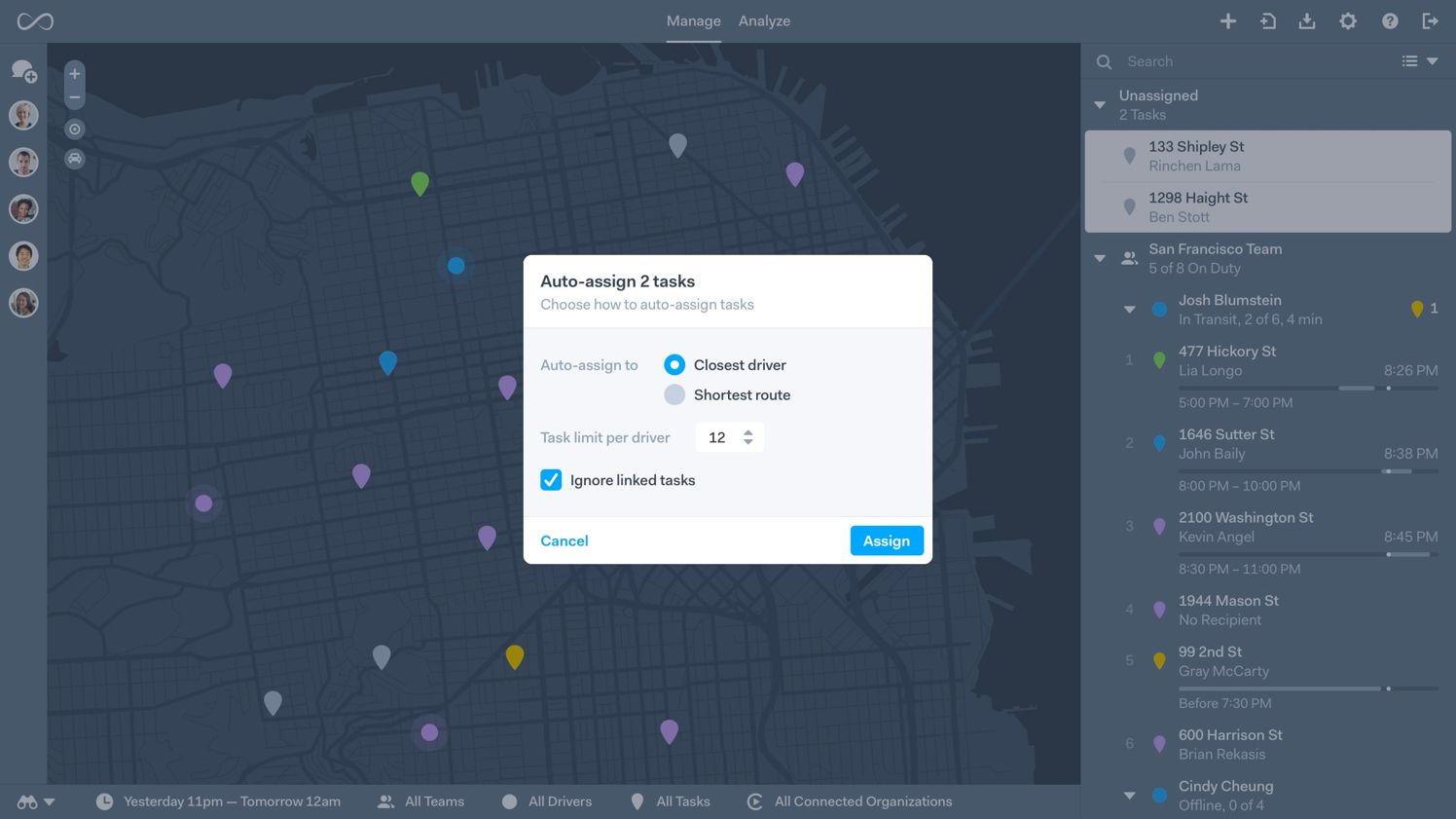 Onfleet lets you auto-assign deliveries based on the closet driver or shortest route.