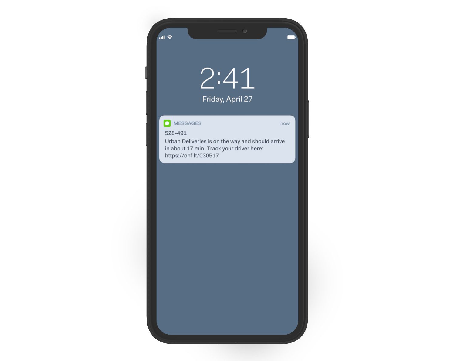 An example of an SMS notification your customer would receive when you use Onfleet.