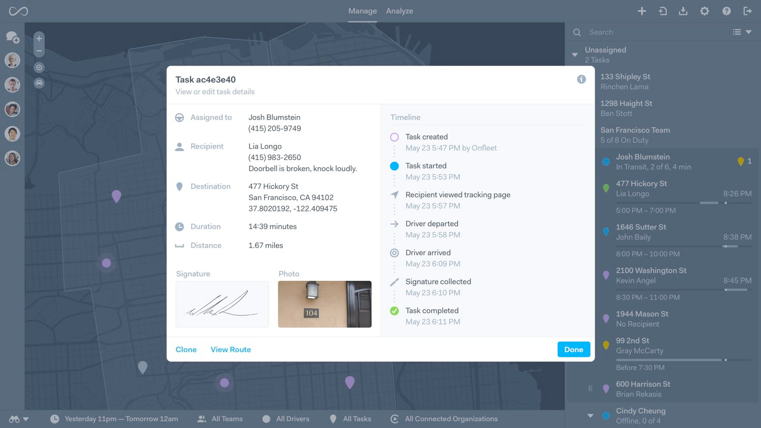 An example of proof of delivery from Onfleet last mile delivery tracking software