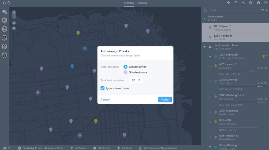 Onfleet's dispatch interface