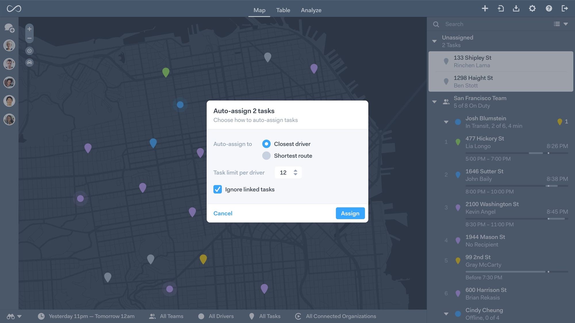 Onfleet’s auto-dispatch view helps share control and management across the team